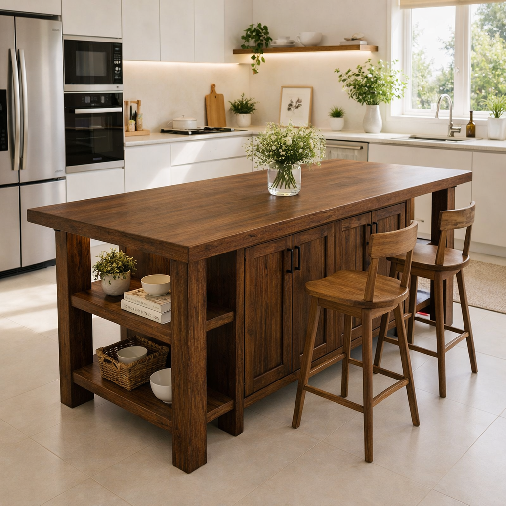 Solid Wood Kitchen Island with Seating & Storage – Rustic Walnut Dining Island Table with Cabinets & Open Shelves