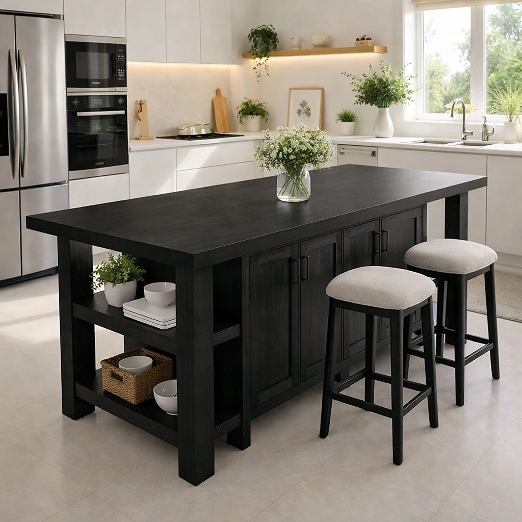 Solid Wood Kitchen Island with Seating & Storage – Rustic Walnut Dining Island Table with Cabinets & Open Shelves