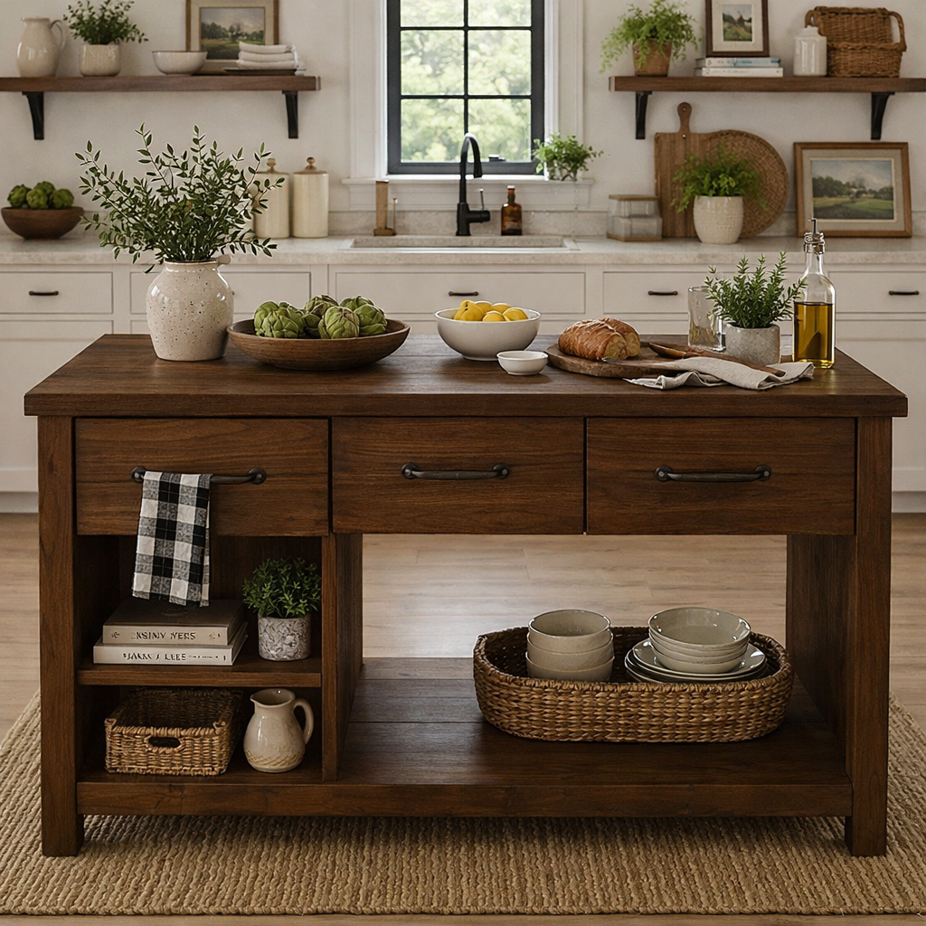 Solid Wood Kitchen Island with Drawers & Open Shelves – Rustic Farmhouse Kitchen Table, Large Wooden Prep Station