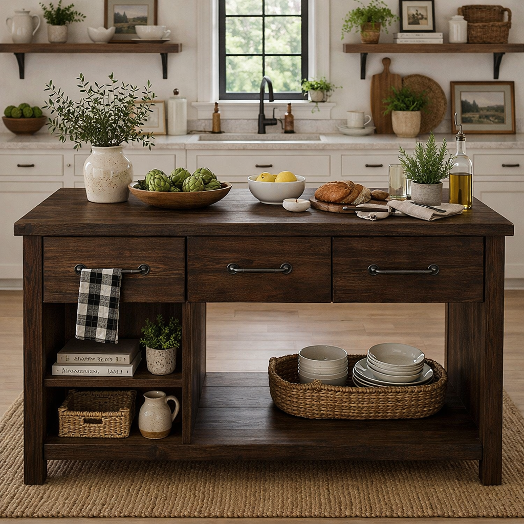 Solid Wood Kitchen Island with Drawers & Open Shelves – Rustic Farmhouse Kitchen Table, Large Wooden Prep Station