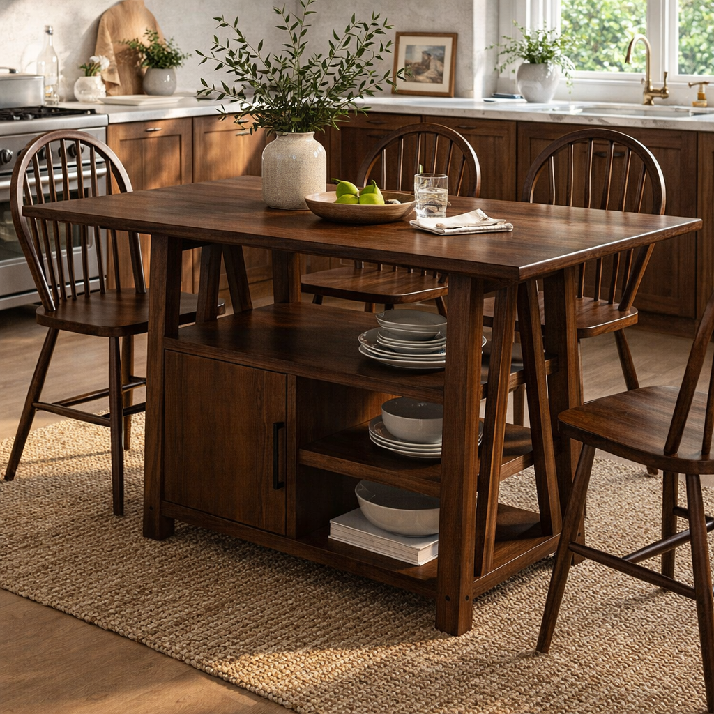Solid Wood Dining Table with Storage Shelf – Rustic Walnut Kitchen Island Table, Wooden Dining Table with Cabinet