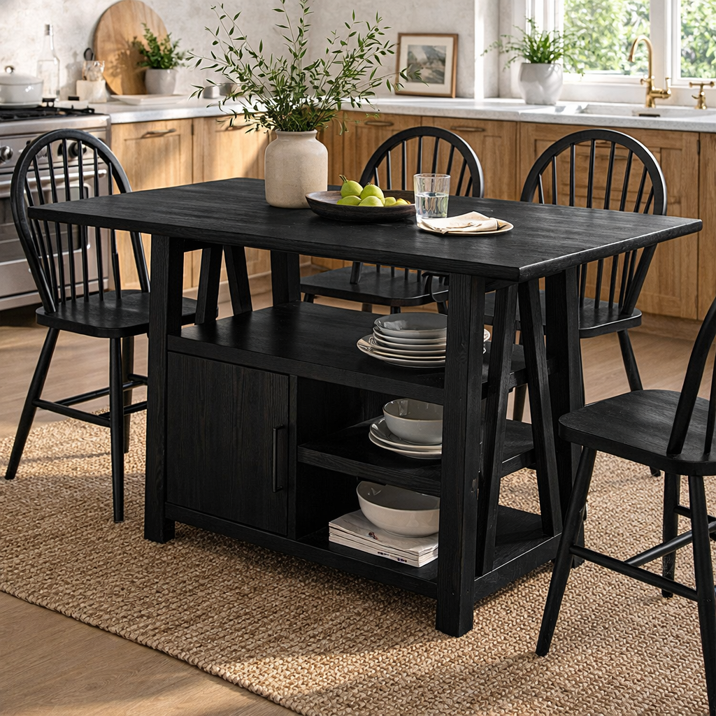 Solid Wood Dining Table with Storage Shelf – Rustic Walnut Kitchen Island Table, Wooden Dining Table with Cabinet