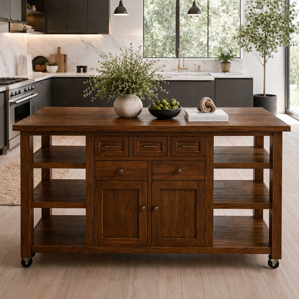 Solid Wood Kitchen Island with Storage & Shelves – Rustic Oak Kitchen Cart, Rolling Prep Table with Drawers & Cabinet