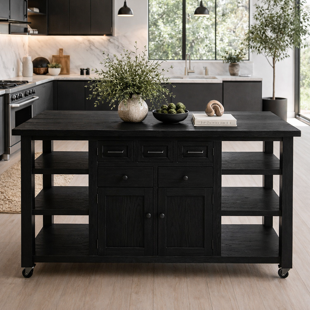 Solid Wood Kitchen Island with Storage & Shelves – Rustic Oak Kitchen Cart, Rolling Prep Table with Drawers & Cabinet
