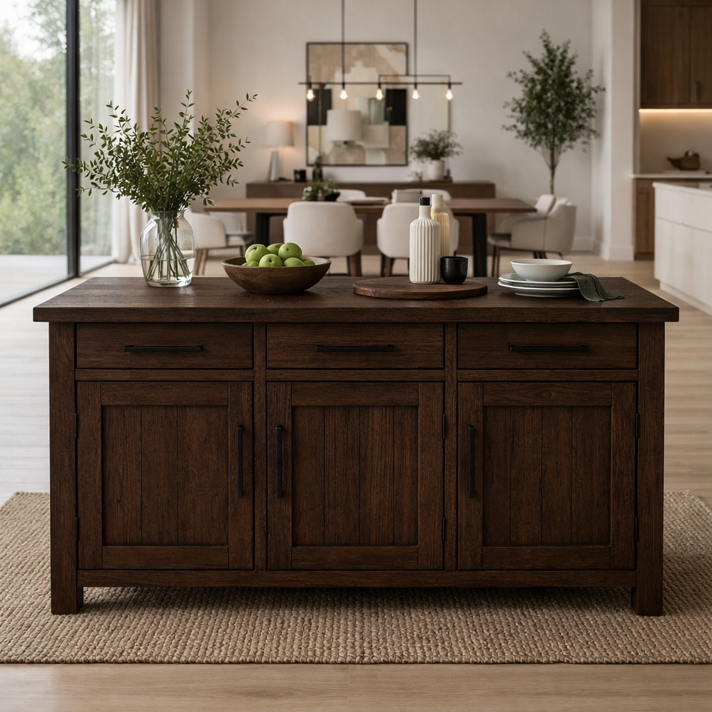 Solid Wood Kitchen Island with Cabinets & Drawers, Large Wooden Prep Table
