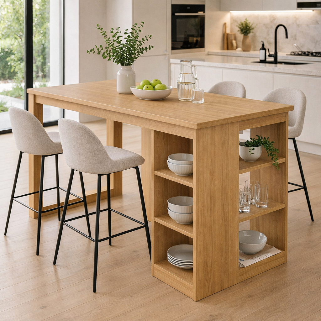 Solid Wood Kitchen Island with Open Shelves – Dining Island Table with Storage, Modern Rustic Kitchen Table