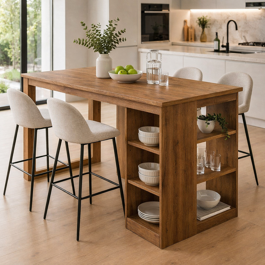 Solid Wood Kitchen Island with Open Shelves – Dining Island Table with Storage, Modern Rustic Kitchen Table