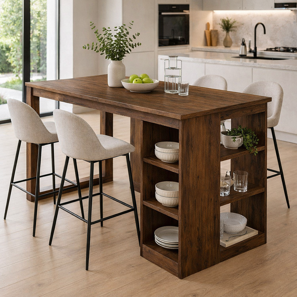 Solid Wood Kitchen Island with Open Shelves – Dining Island Table with Storage, Modern Rustic Kitchen Table