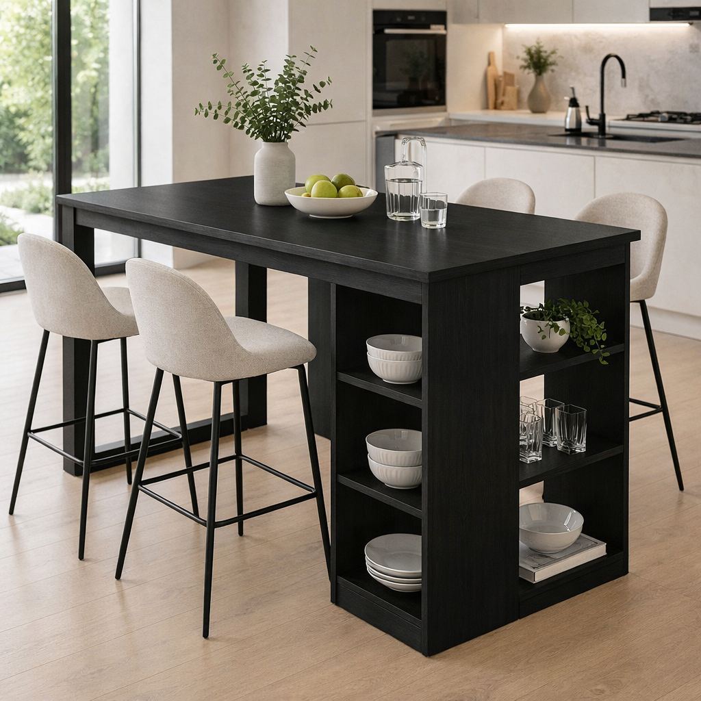 Solid Wood Kitchen Island with Open Shelves – Dining Island Table with Storage, Modern Rustic Kitchen Table