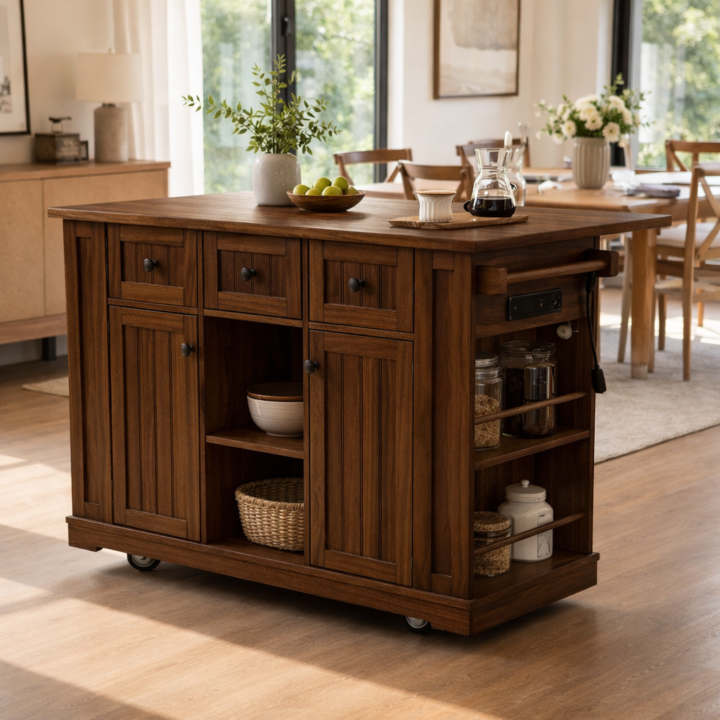 Solid Wood Kitchen Island with Storage & Power Outlet – Oak Rolling Kitchen Cart with Drawers, Cabinets & Shelves
