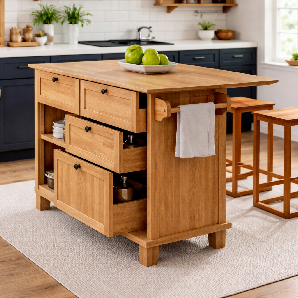 Solid Wood Kitchen Island with Drawers & Towel Rack – Kitchen Storage Island, Rustic Prep Table with Cabinets