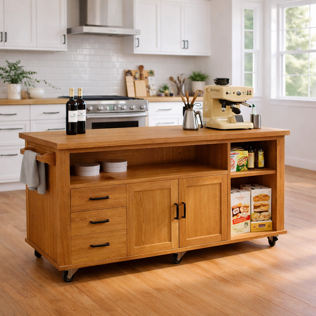 Solid Wood Kitchen Island with Storage & Shelves – Rolling Kitchen Cart with Drawers, Cabinets & Open Storage