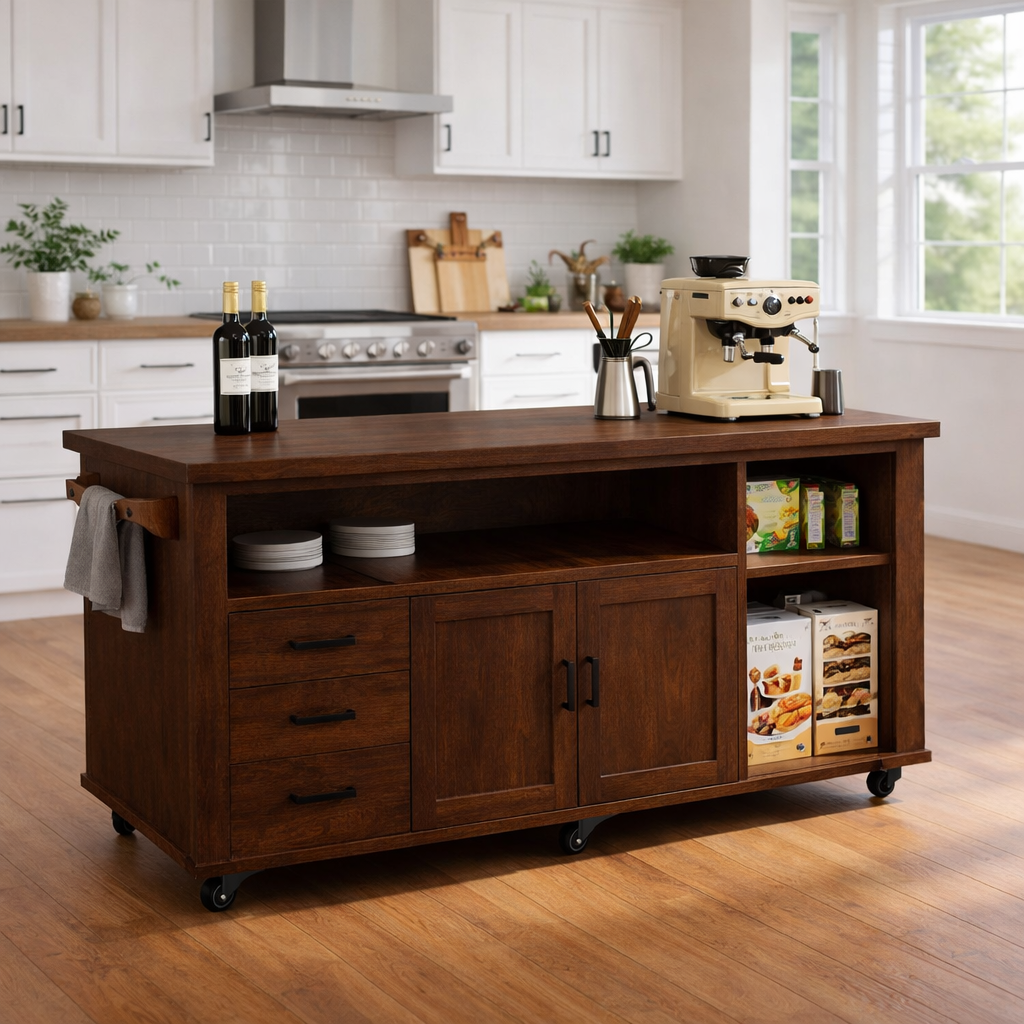 Solid Wood Kitchen Island with Storage & Shelves – Rolling Kitchen Cart with Drawers, Cabinets & Open Storage