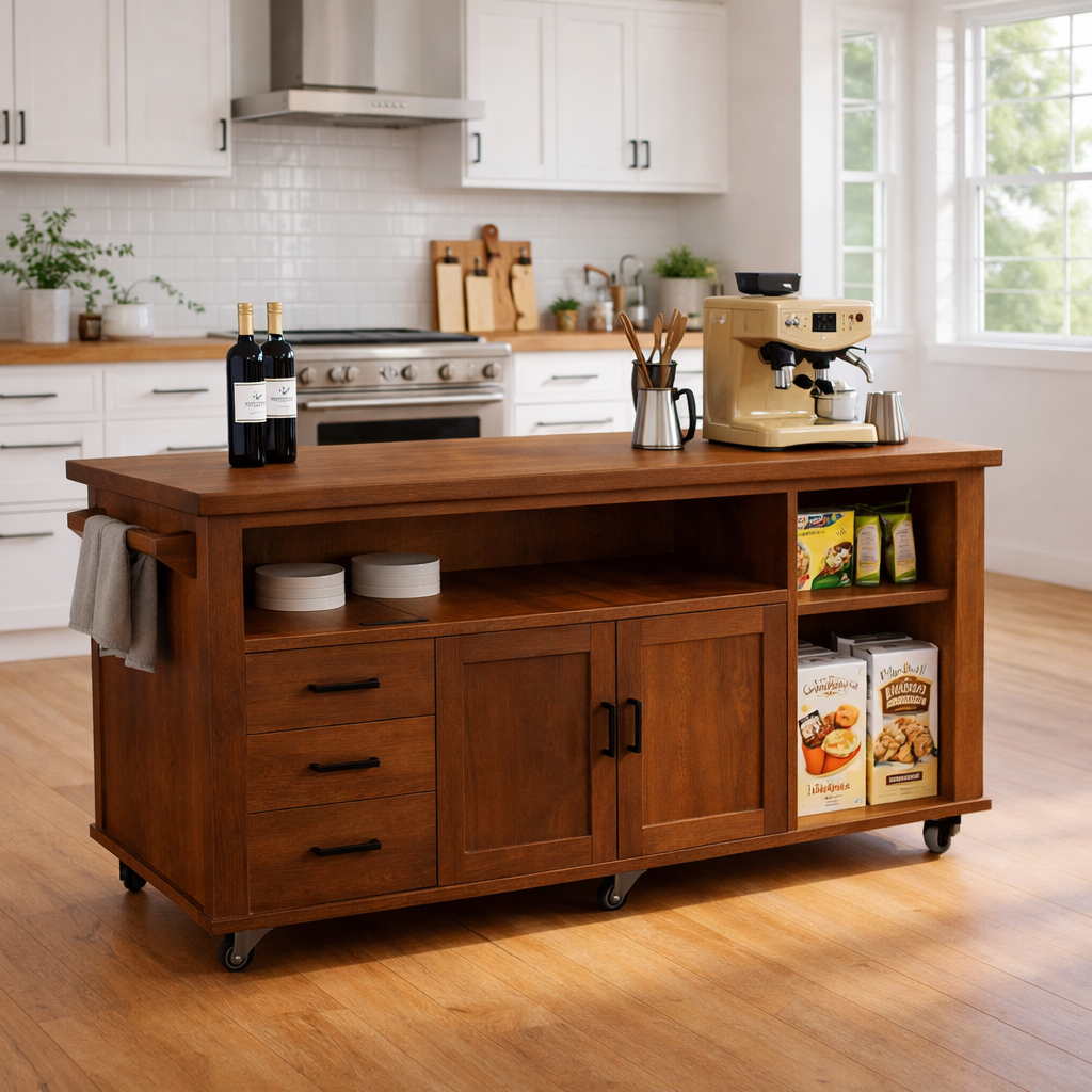 Solid Wood Kitchen Island with Storage & Shelves – Rolling Kitchen Cart with Drawers, Cabinets & Open Storage
