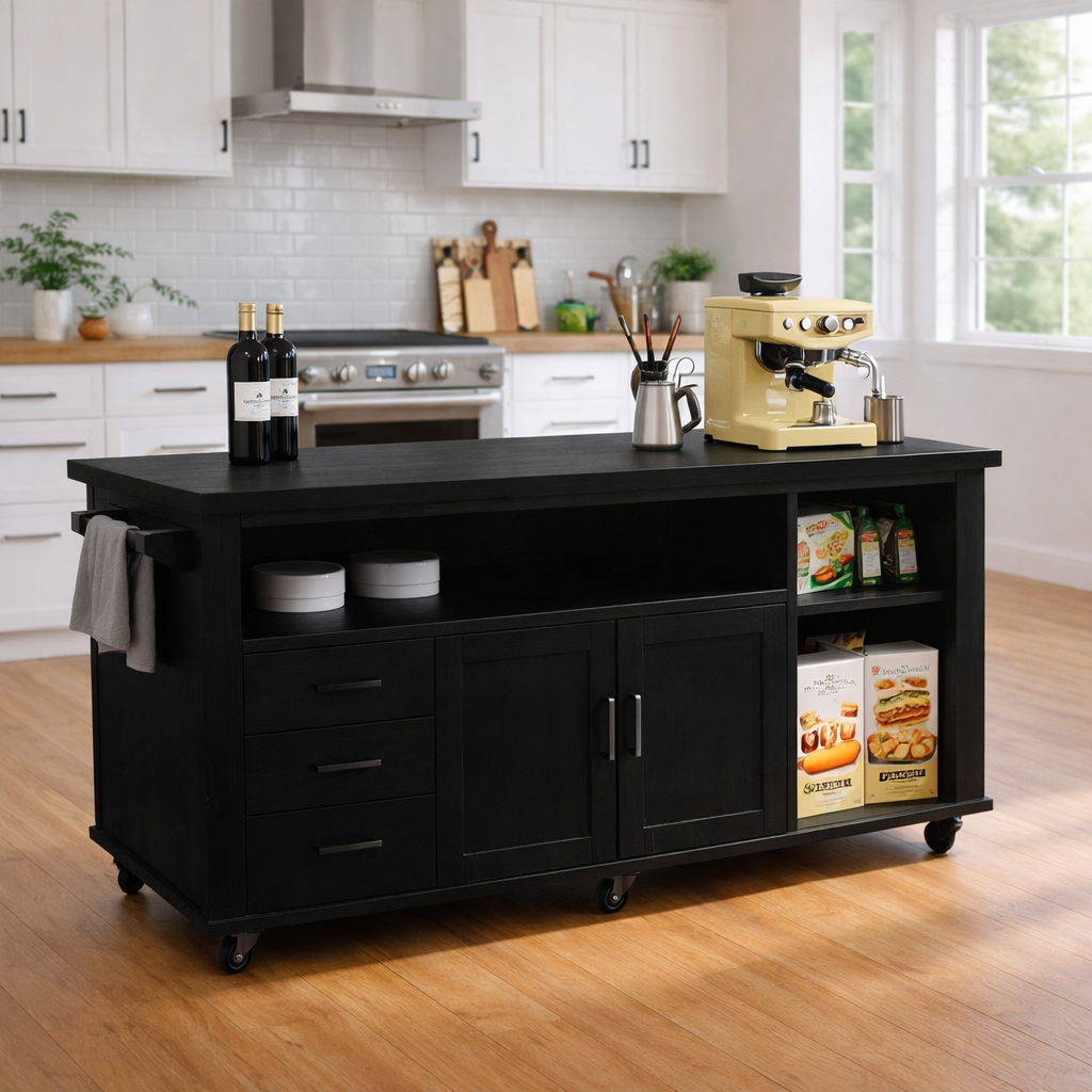 Solid Wood Kitchen Island with Storage & Shelves – Rolling Kitchen Cart with Drawers, Cabinets & Open Storage