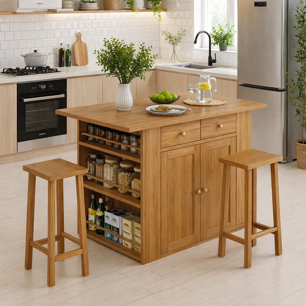 Solid Wood Kitchen Island with Spice Rack & Storage – Kitchen Table with Cabinets, Compact Dining Island