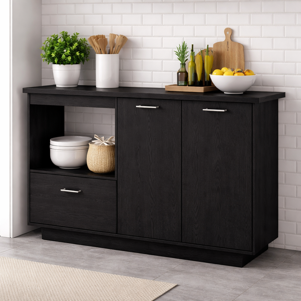 Solid Wood Kitchen Sideboard Cabinet – Walnut Storage Buffet with Drawer & Open Shelf