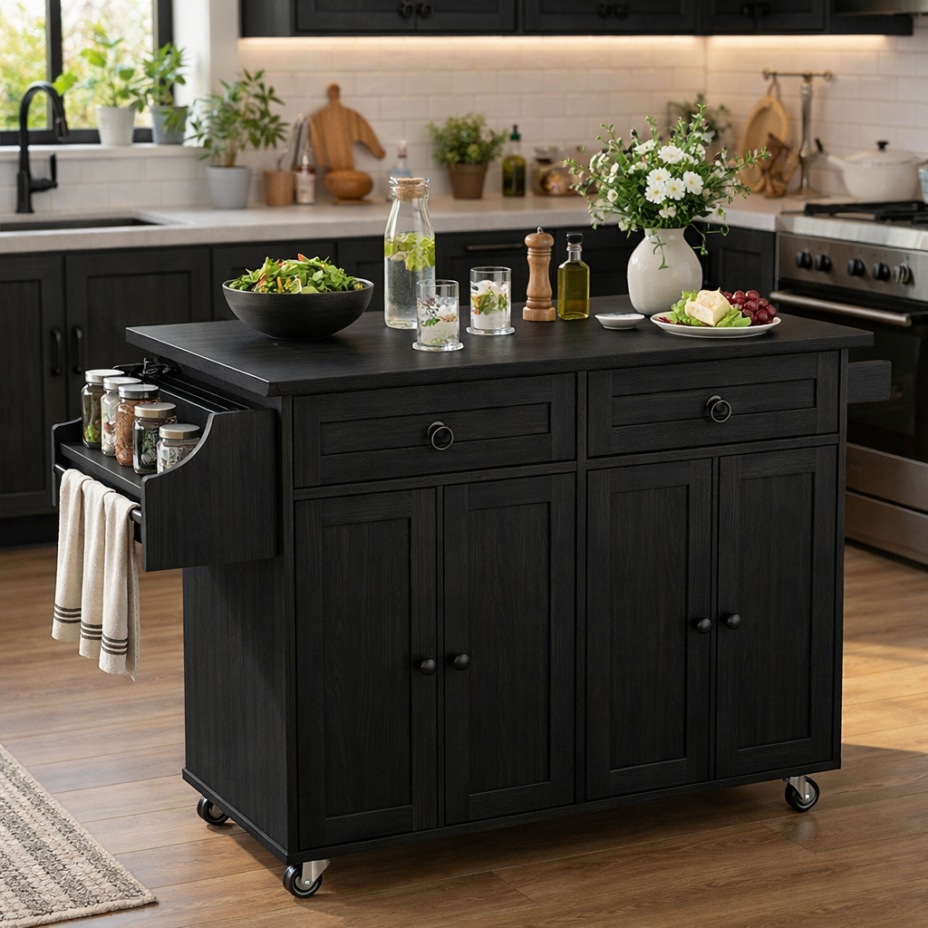 Solid Wood Kitchen Island Cart – Oak Storage Cabinet with Spice Rack & Towel Bar