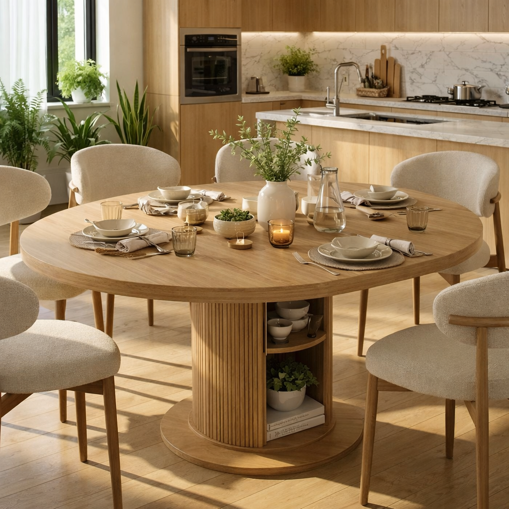 Round Solid Wood Dining Table – Walnut Pedestal Table with Storage Base