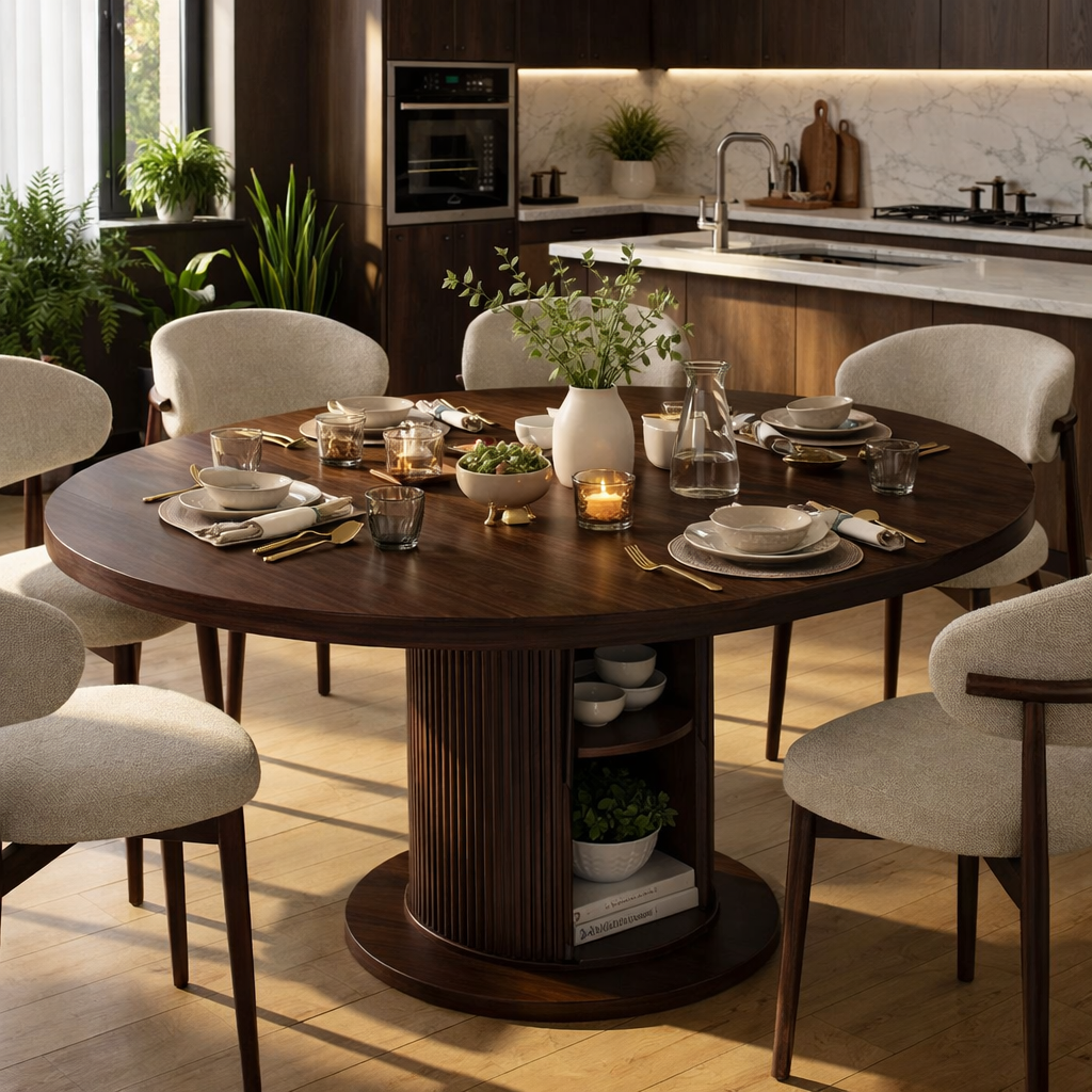 Round Solid Wood Dining Table – Walnut Pedestal Table with Storage Base