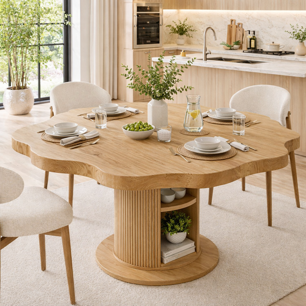 Live Edge Round Solid Wood Dining Table – Pedestal Table with Storage Base