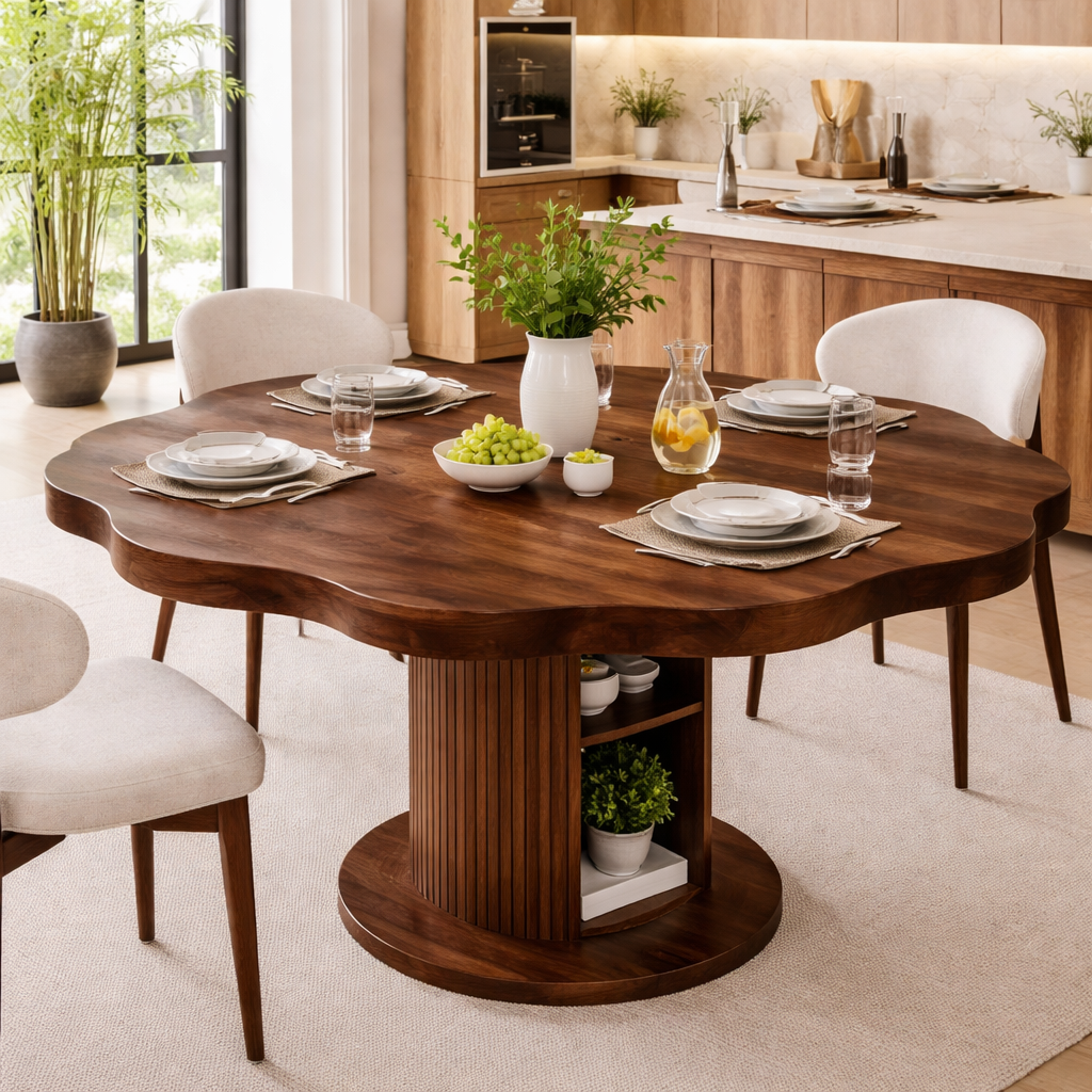 Live Edge Round Solid Wood Dining Table – Pedestal Table with Storage Base