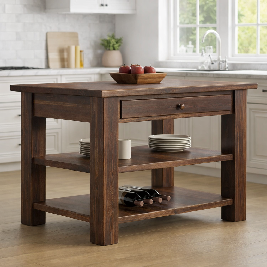 Solid Wood Kitchen Island Table with Storage – Walnut Prep Table with Drawer & Open Shelves