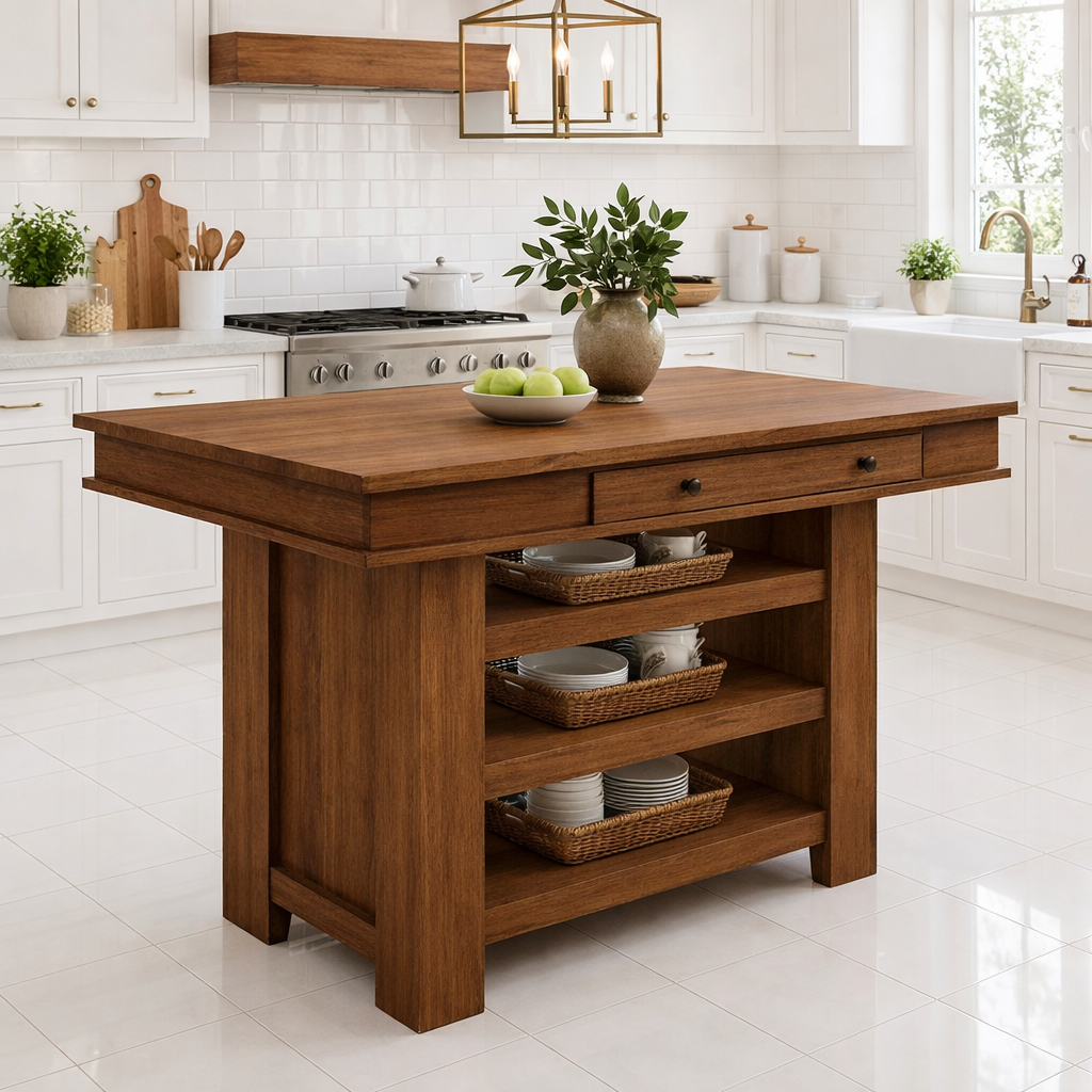 Solid Wood Kitchen Island with Storage – Walnut Prep Table with Shelves