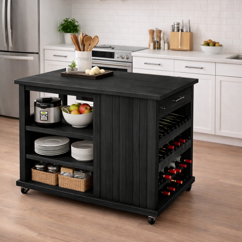 Solid Wood Kitchen Island Cart with Storage – Oak Prep Table with Wine Rack