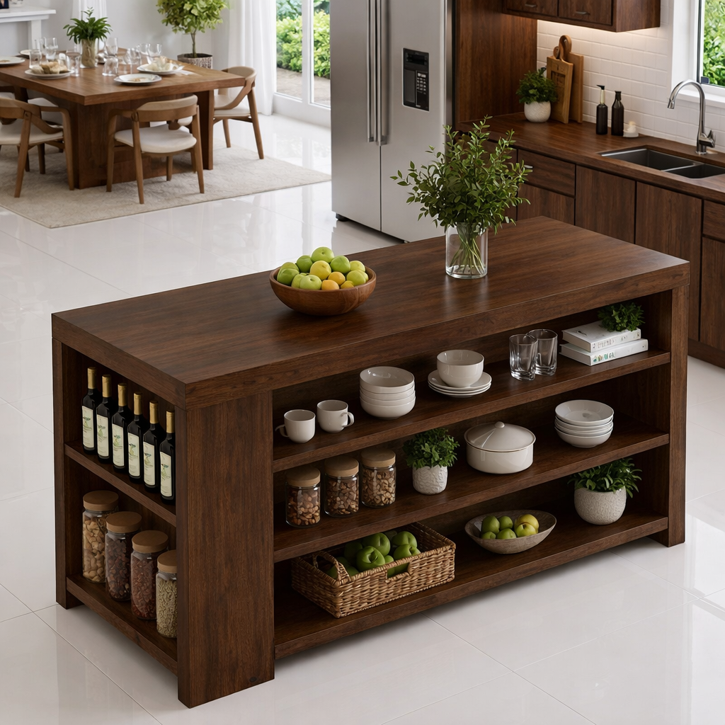 Solid Wood Kitchen Island with Open Shelves – Storage Prep Table