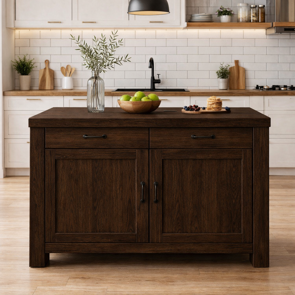 Solid Wood Kitchen Island with Drawers & Cabinet – Modern Farmhouse Kitchen Table