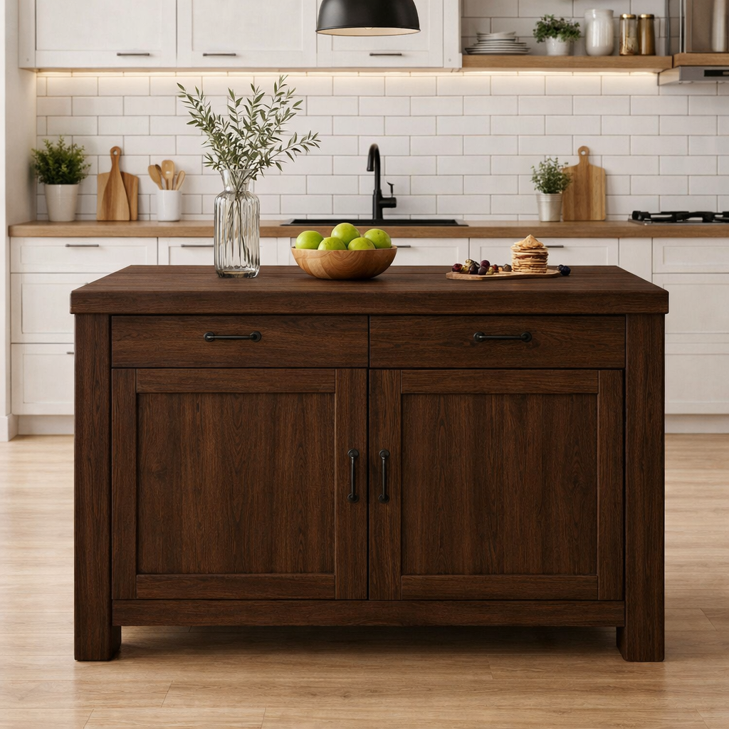 Solid Wood Kitchen Island with Drawers & Cabinet – Modern Farmhouse Kitchen Table