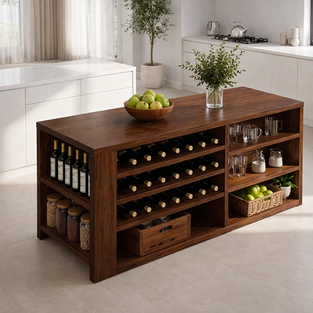 Solid Wood Kitchen Island with Wine Rack & Storage Shelves