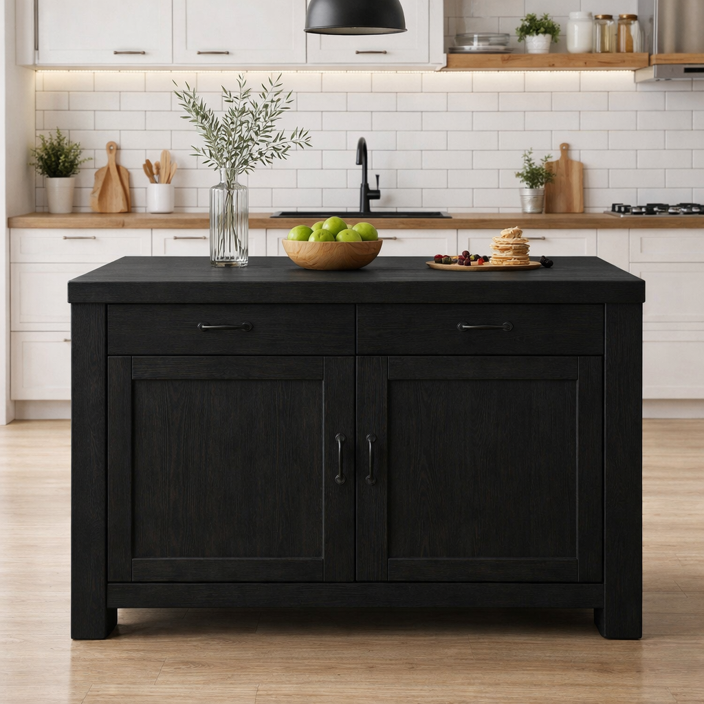 Solid Wood Kitchen Island with Drawers & Cabinet – Modern Farmhouse Kitchen Table