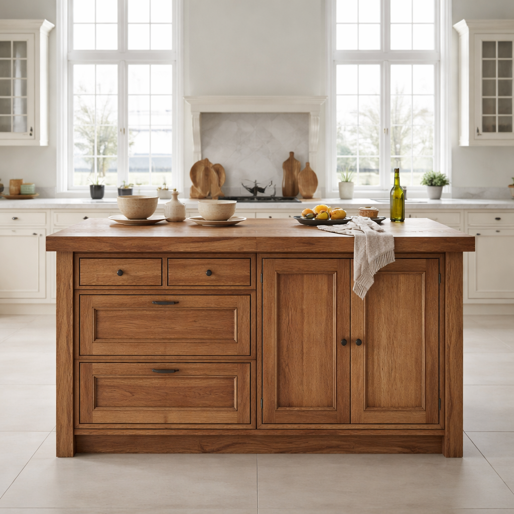 Solid Wood Kitchen Island with Drawers & Cabinet – Farmhouse Kitchen Storage Table