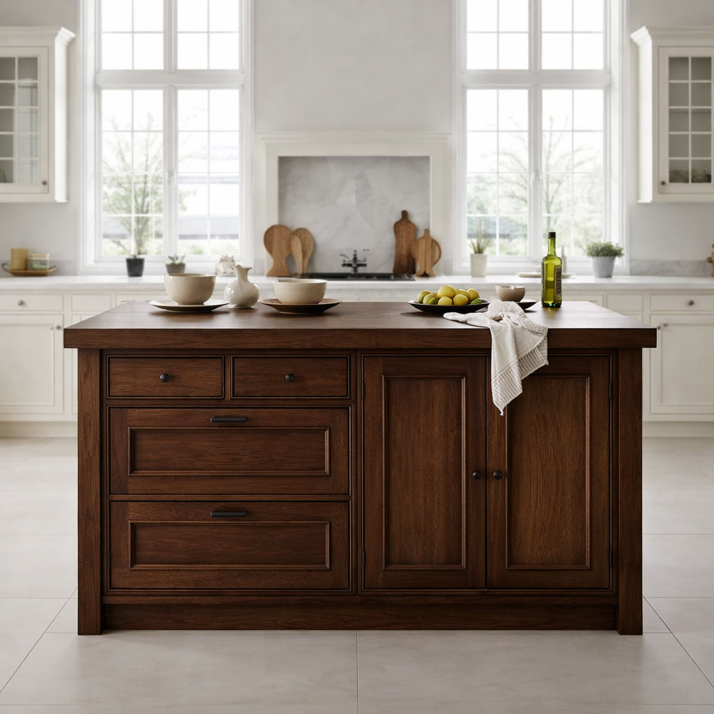 Solid Wood Kitchen Island with Drawers & Cabinet – Farmhouse Kitchen Storage Table