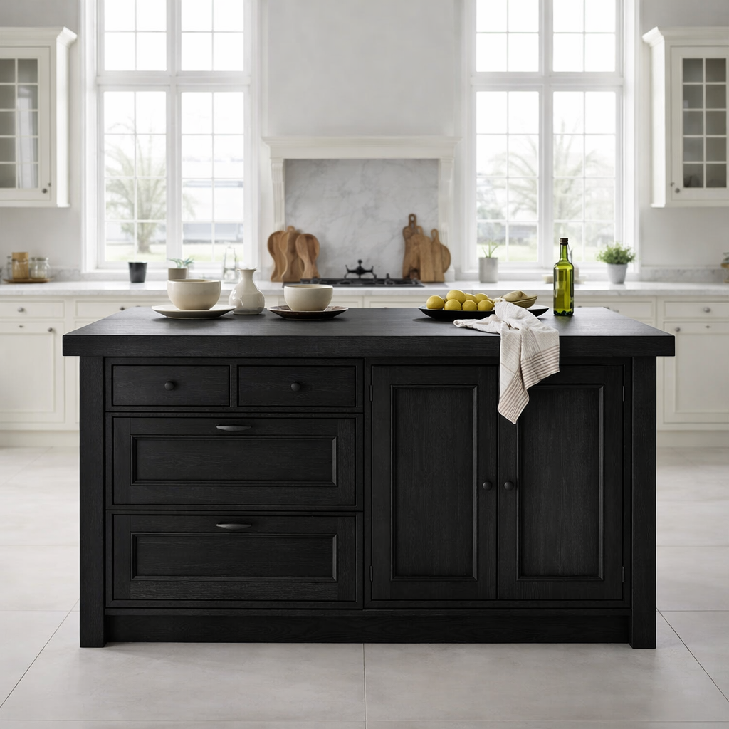 Solid Wood Kitchen Island with Drawers & Cabinet – Farmhouse Kitchen Storage Table