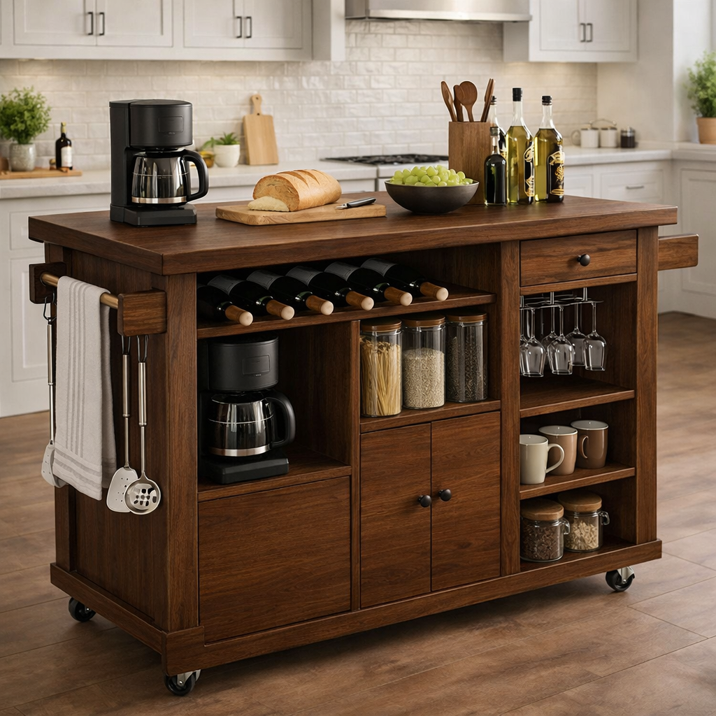 Solid Wood Rolling Kitchen Island with Wine Rack & Storage – Kitchen Cart on Wheels