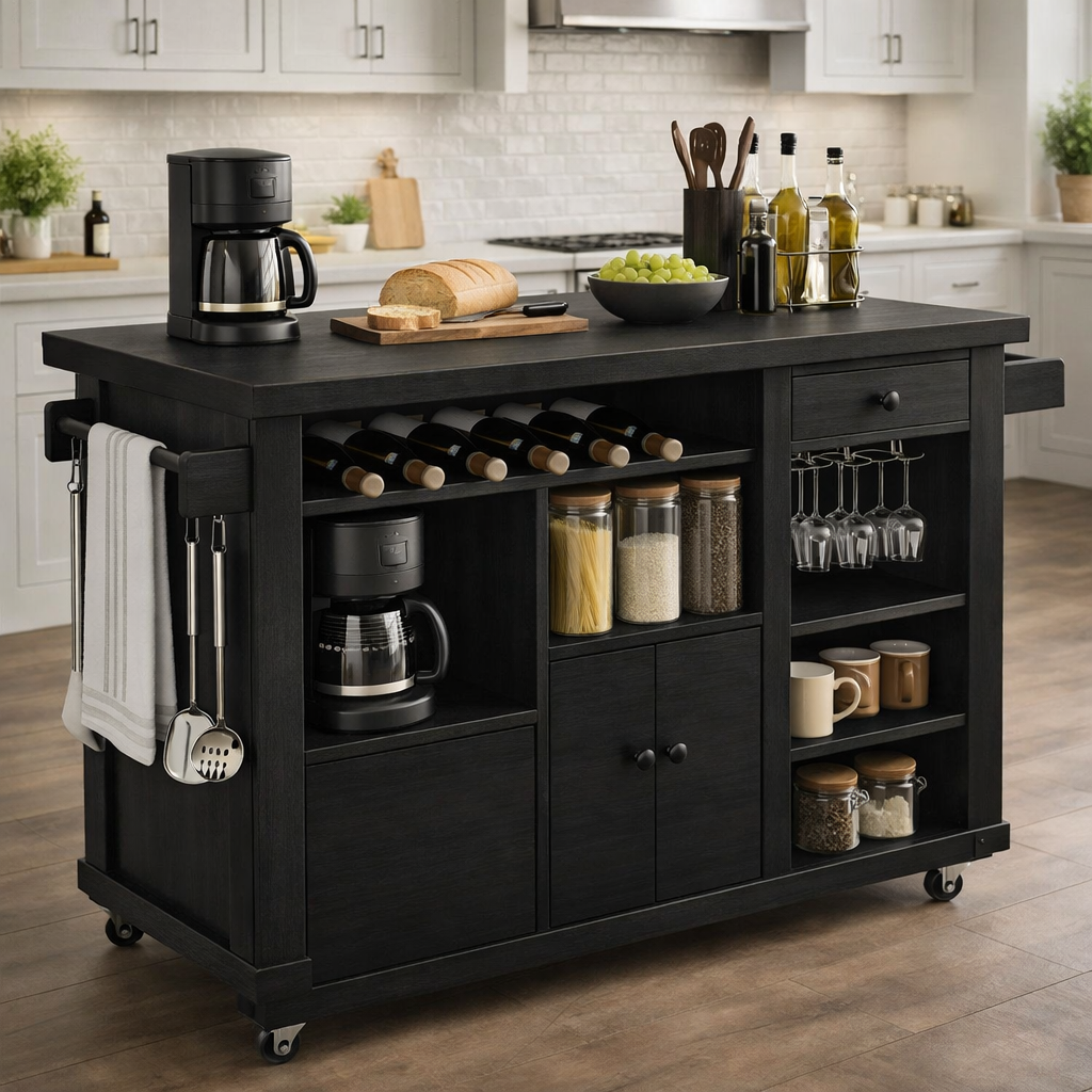Solid Wood Rolling Kitchen Island with Wine Rack & Storage – Kitchen Cart on Wheels