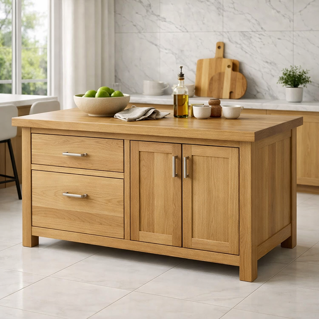 Solid Wood Kitchen Island with Drawers & Cabinet – Modern Kitchen Storage Table