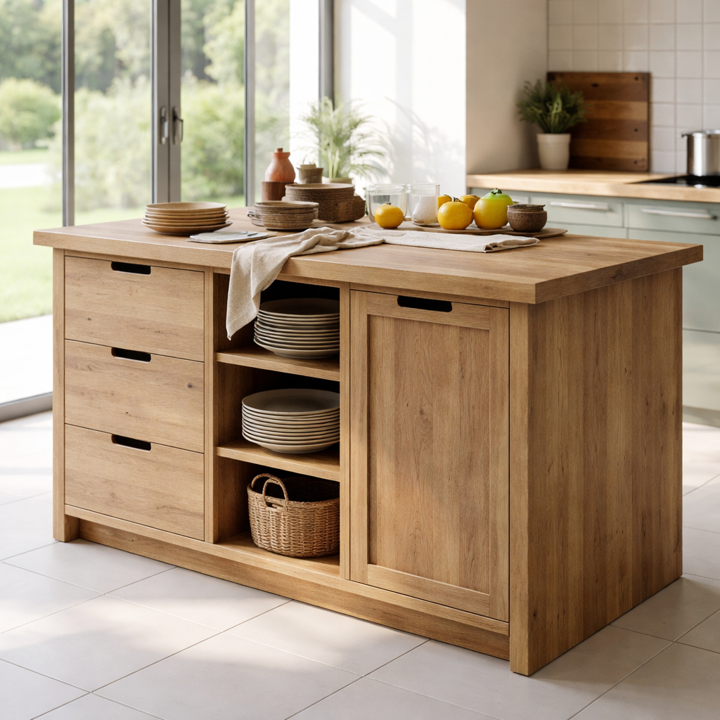 Solid Wood Kitchen Island with Drawers & Open Shelves – Modern Storage Table