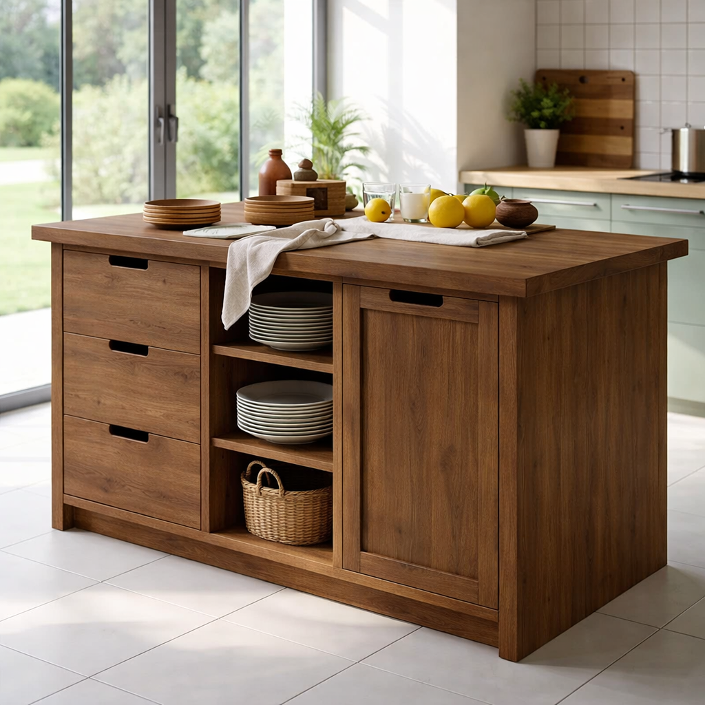 Solid Wood Kitchen Island with Drawers & Open Shelves – Modern Storage Table