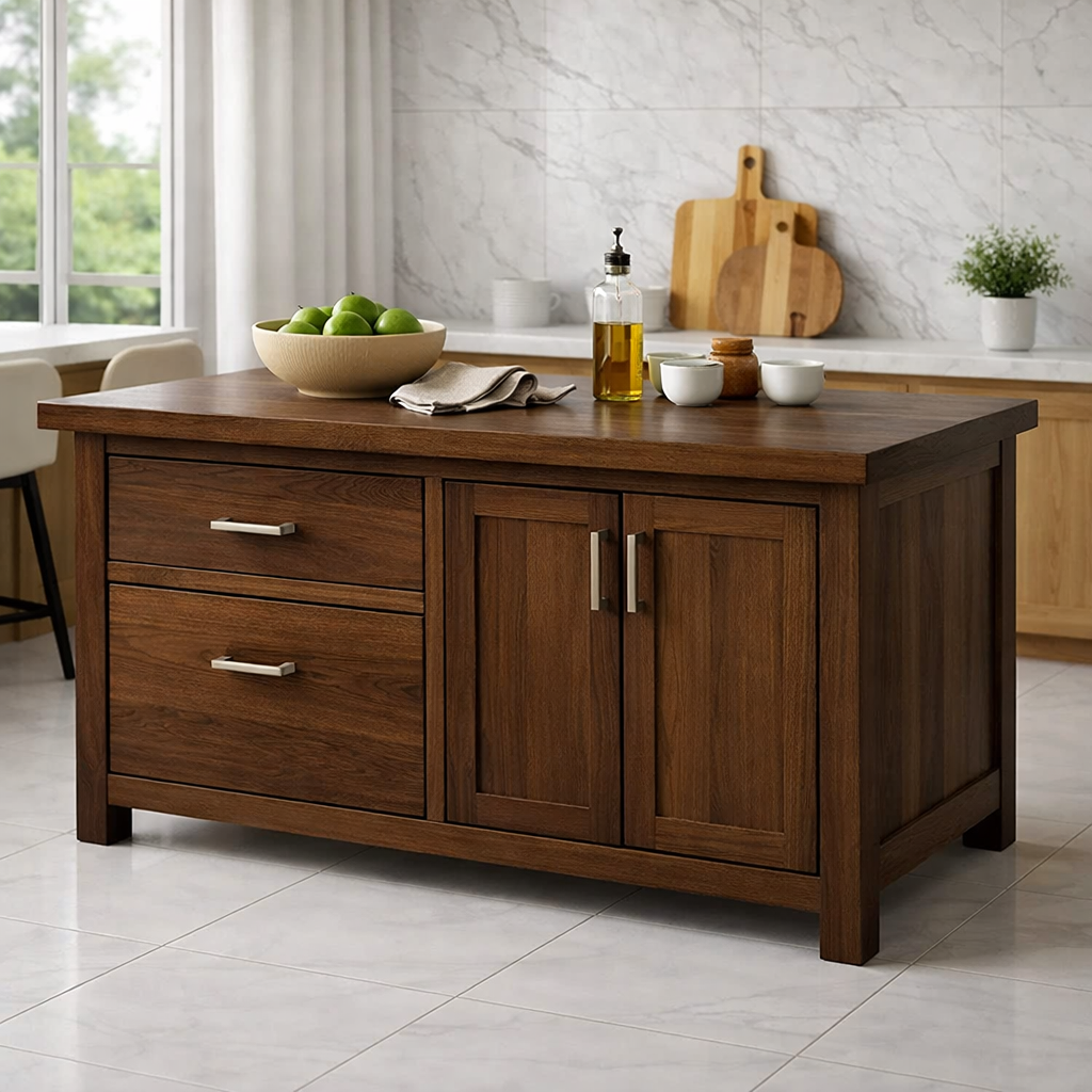Solid Wood Kitchen Island with Drawers & Cabinet – Modern Kitchen Storage Table