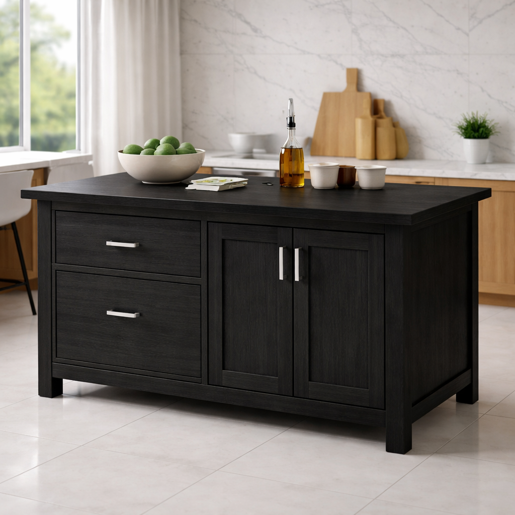 Solid Wood Kitchen Island with Drawers & Cabinet – Modern Kitchen Storage Table