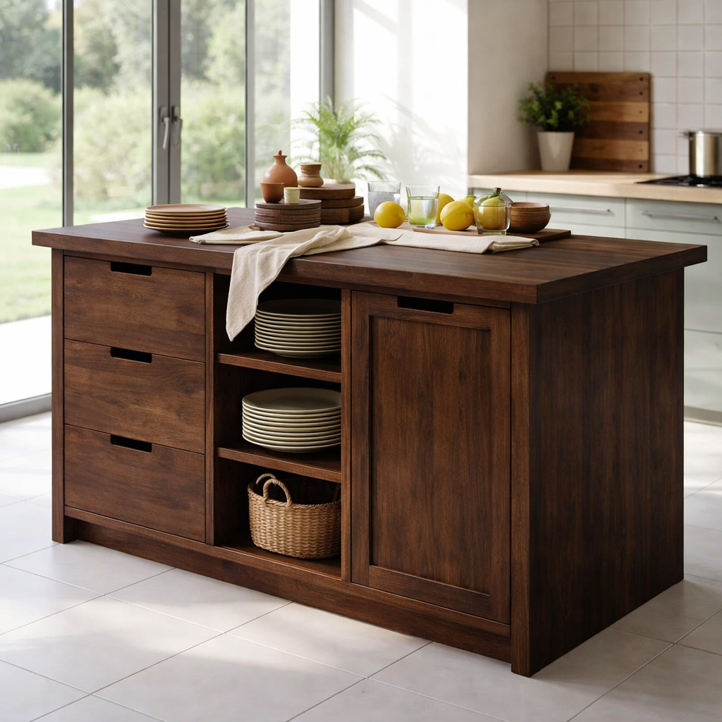 Solid Wood Kitchen Island with Drawers & Open Shelves – Modern Storage Table