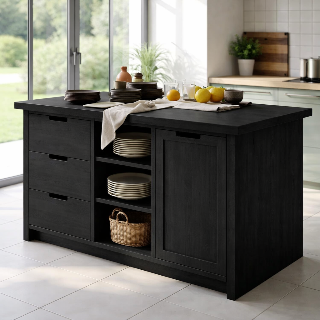 Solid Wood Kitchen Island with Drawers & Open Shelves – Modern Storage Table