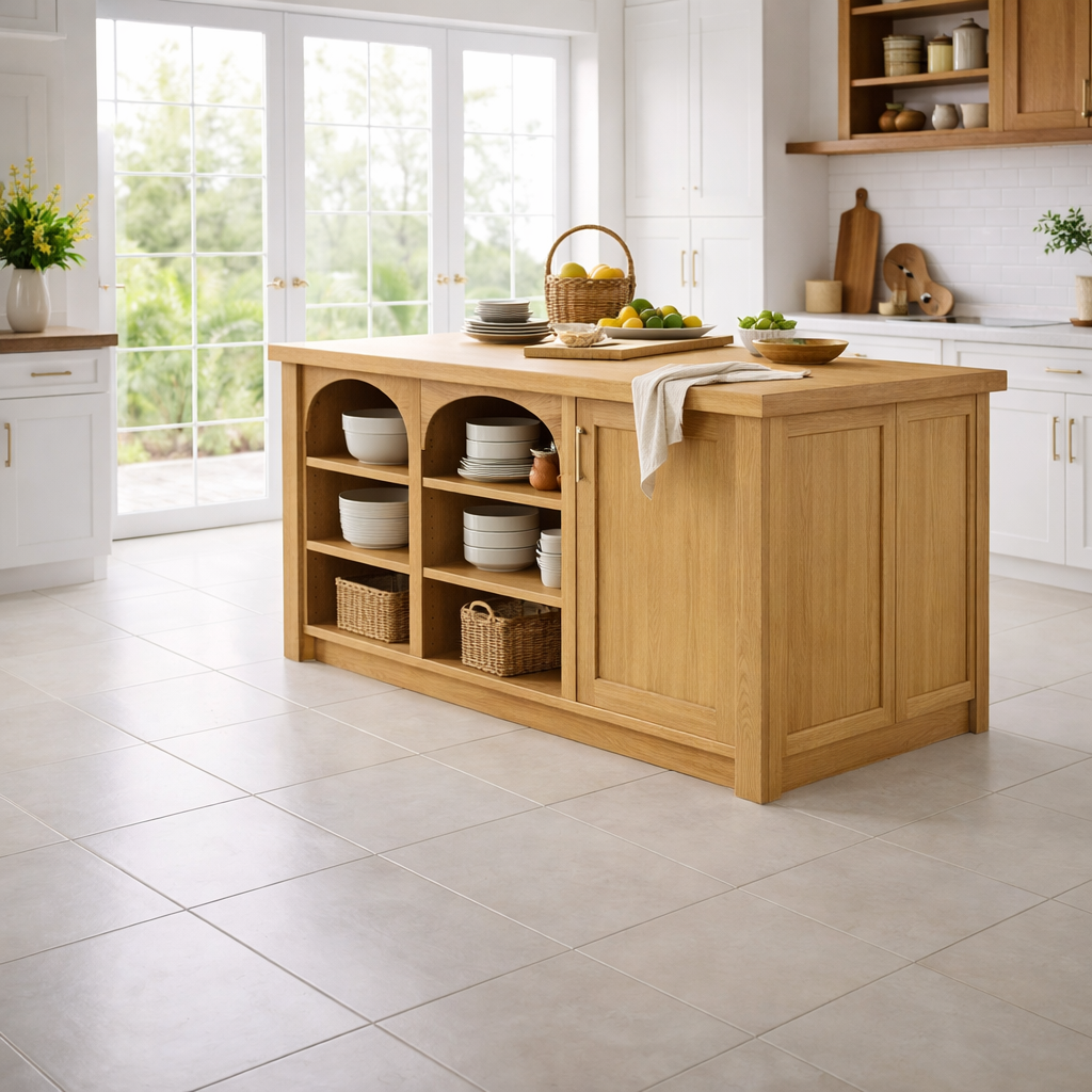 Solid Wood Kitchen Island with Arched Open Shelves – Walnut Farmhouse Storage Table