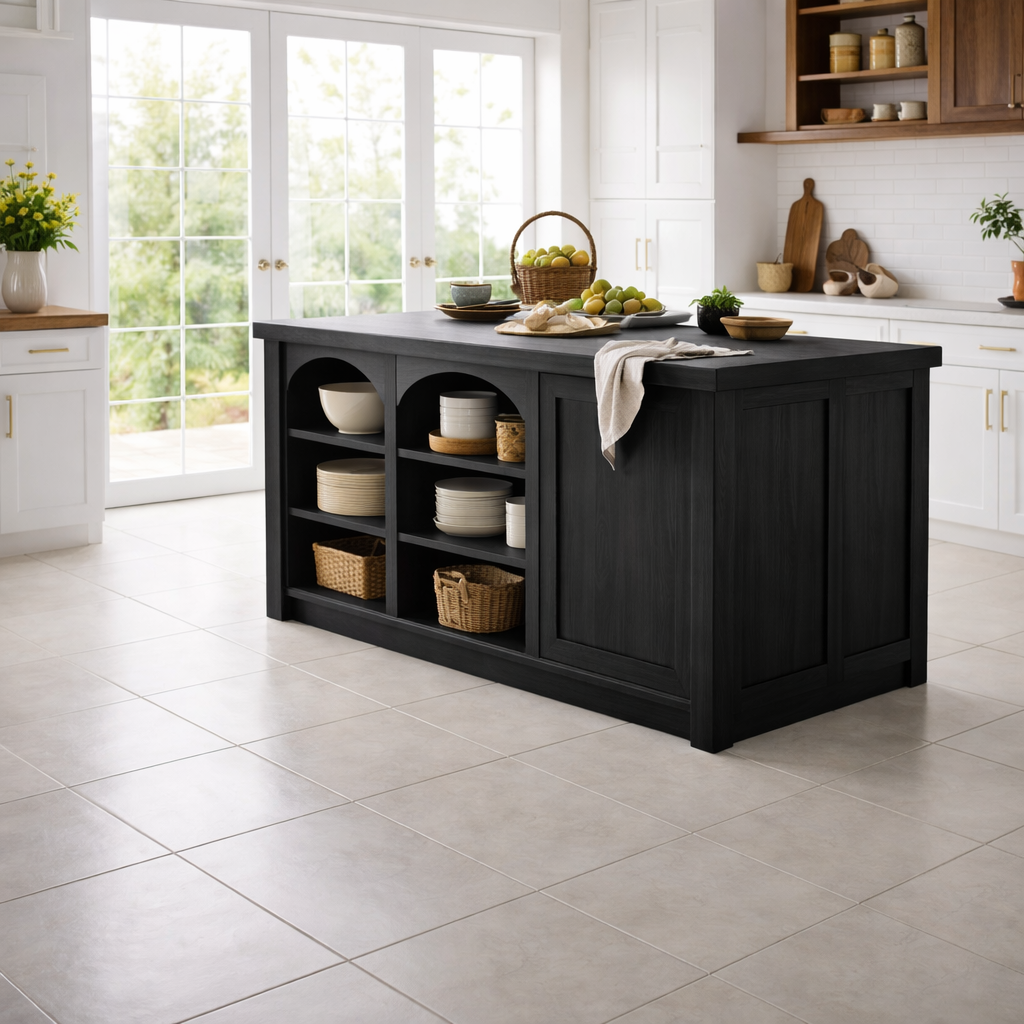 Solid Wood Kitchen Island with Arched Open Shelves – Walnut Farmhouse Storage Table