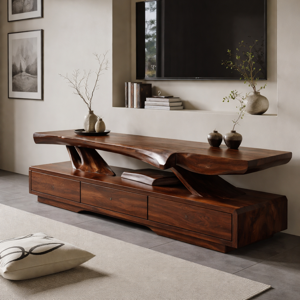 Solid Wood TV Stand with Live Edge Top – Modern Media Console Table
