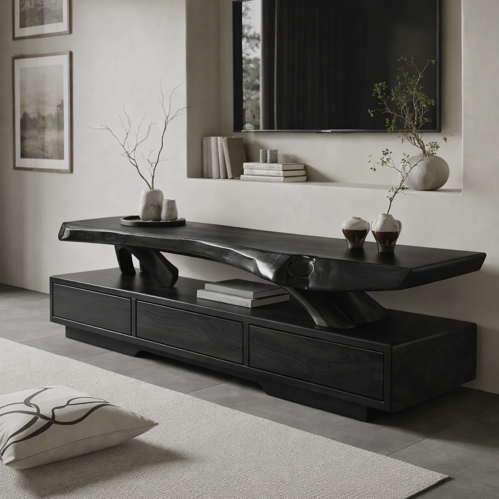 Solid Wood TV Stand with Live Edge Top – Modern Media Console Table